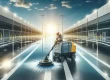 a large, clean, and well-maintained parking lot under a clear sky, with a professional power scrubbing machine in use