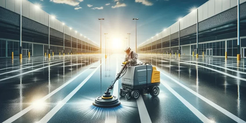 a large, clean, and well-maintained parking lot under a clear sky, with a professional power scrubbing machine in use