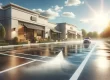 a clean, well-maintained parking lot with signs of recent power cleaning, set in a sunny, commercial environment