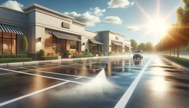 a clean, well-maintained parking lot with signs of recent power cleaning, set in a sunny, commercial environment