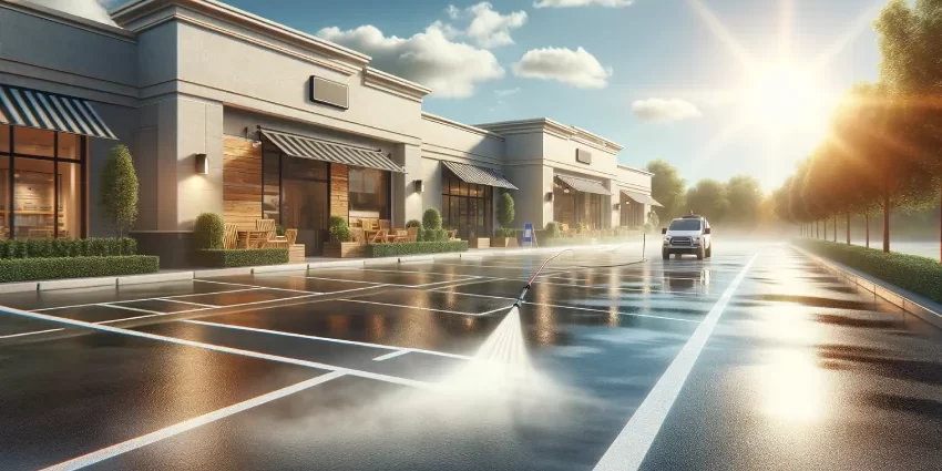 a clean, well-maintained parking lot with signs of recent power cleaning, set in a sunny, commercial environment