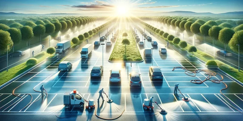 parking lot cleaning a clean, well-maintained parking lot being power scrubbed by a professional team, illustrating the themes of efficiency, professionalism, and the transformative power of professional cleaning services