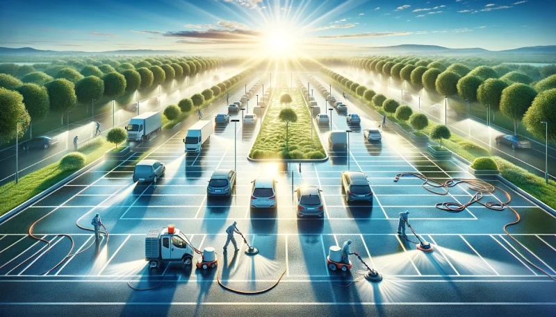 a clean, well-maintained parking lot being power scrubbed by a professional team, illustrating the themes of efficiency, professionalism, and the transformative power of professional cleaning services