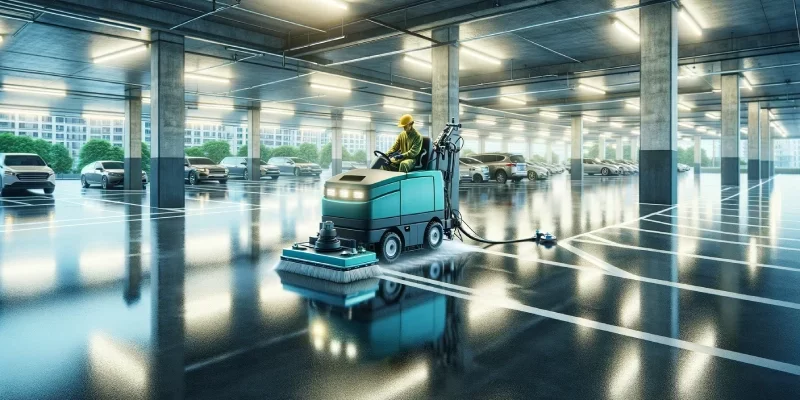 a power scrubbing machine cleaning an indoor parking lot