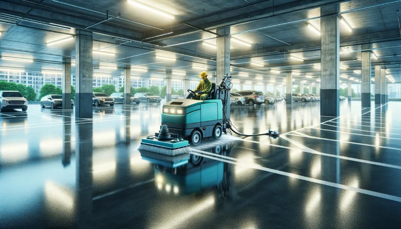 a power scrubbing machine cleaning an indoor parking lot
